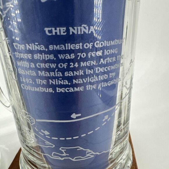 Beer Mugs 2 Nautical Etched Glass "The Nina" Columbus Voyage VTG 5.5” T Barware - Picture 3 of 12